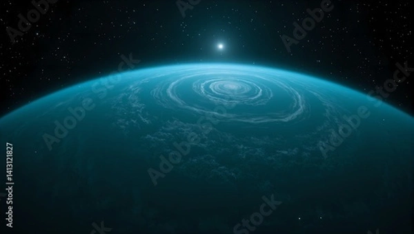 Fototapeta Explore a surreal neon turquoise planet with spiral clouds bathed in the glow of dual stars amidst a vast cosmic backdrop