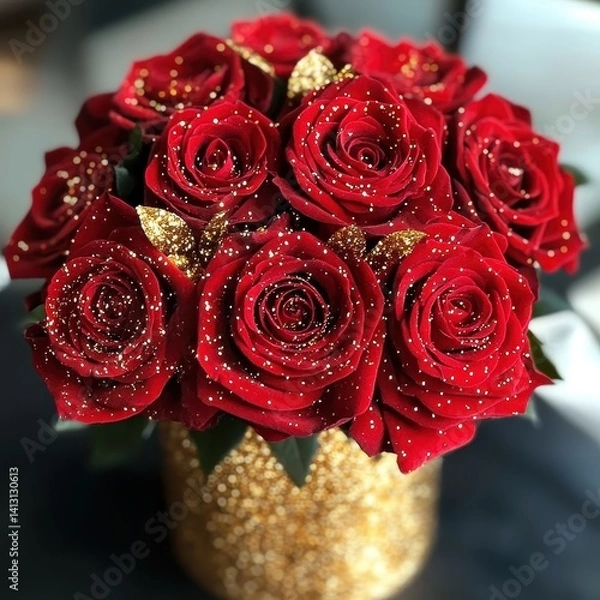 Fototapeta Bouquet of deep red Garden roses with gold glitter accents, arranged in a gold vase, creating a sparkling and festive New Year's display.