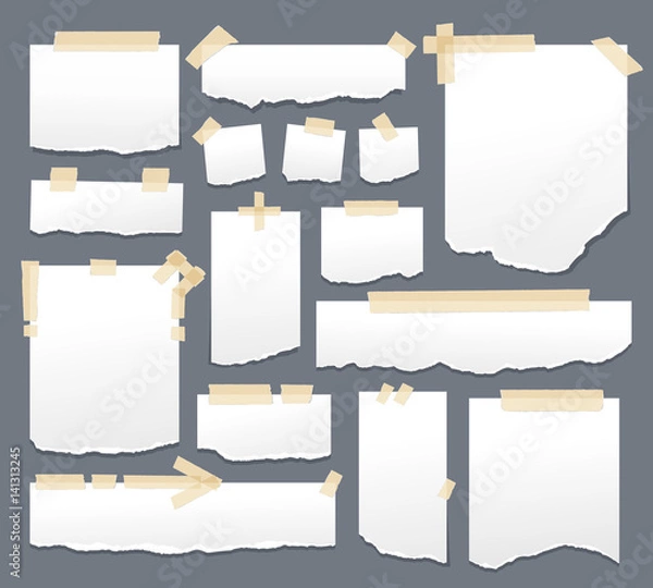 Fototapeta White paper sheets with scotch tape set. Sticky papers with adhesive sellotape stripes vector illustration. Sheet page for reminder message