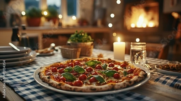 Fototapeta A pizza with basil and tomatoes sits on a table next to a candle