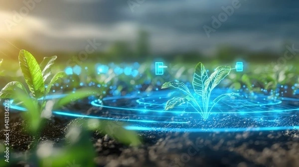 Fototapeta Innovative agriculture practices enhancing crop growth farm fields digital technology outdoor environment close-up view sustainable farming