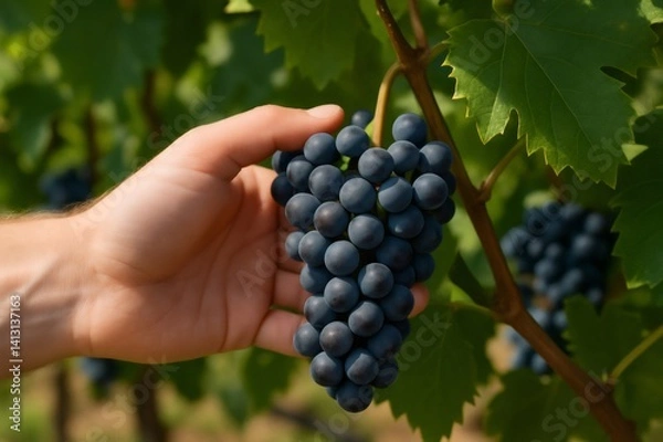 Fototapeta Winemaker checking the quality of red grapes in a vineyard during summer