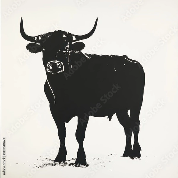 Fototapeta Black silhouette of a bull with prominent horns, standing on a plain white background, emphasizing strength and bold simplicity.