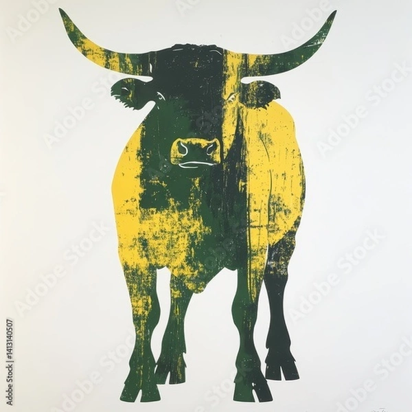 Fototapeta Stylized green and yellow bull with distressed texture, curved horns, and a firm stance, showcasing bold artistic design and visual presence.