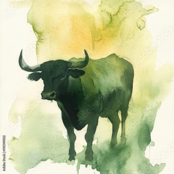 Fototapeta Watercolor painting of a sturdy buffalo in deep green hues with prominent horns, set against an abstract background of yellow and green washes, highlighting strength and nature's harmony.