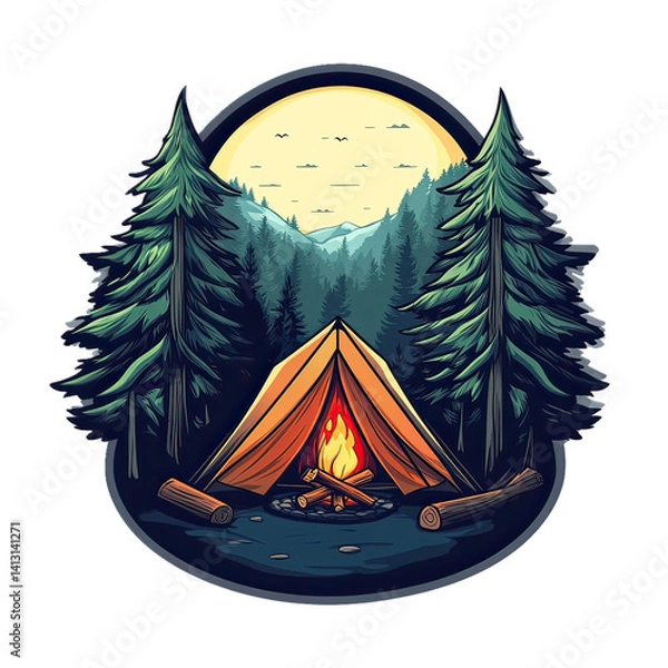 Obraz Camping Adventure Emblem with Nature Icons – Vintage Wilderness Badge Featuring Hiking, Survival Elements, Mountains, Trees, and Outdoor Gear Design for Scouts and Explorers