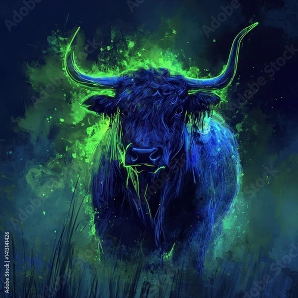 Fototapeta Stylized neon illustration of a bull in vibrant green and blue hues with glowing curved horns, standing against a dark background, emphasizing strength and modern artistic design.