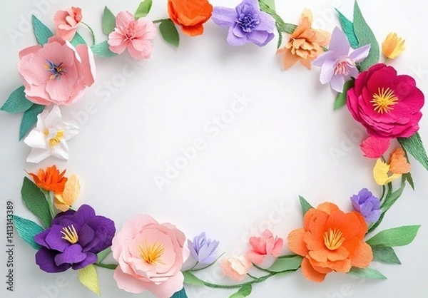 Fototapeta  Circular Paper Flower Frame. Colorful handcrafted flowers and leaves forming a decorative border. Used in invitations, wall art, or craft projects.