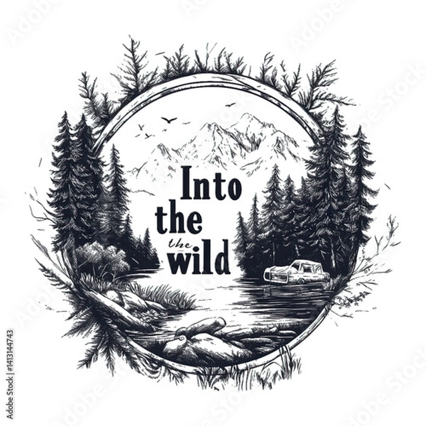 Obraz Camping Adventure Emblem with Nature Icons – Vintage Wilderness Badge Featuring Hiking, Survival Elements, Mountains, Trees, and Outdoor Gear Design for Scouts and Explorers