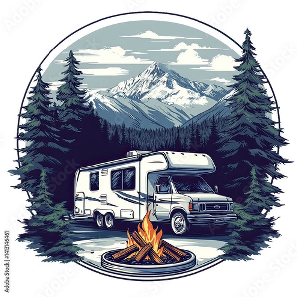 Obraz Camping Adventure Emblem with Nature Icons – Vintage Wilderness Badge Featuring Hiking, Survival Elements, Mountains, Trees, and Outdoor Gear Design for Scouts and Explorers