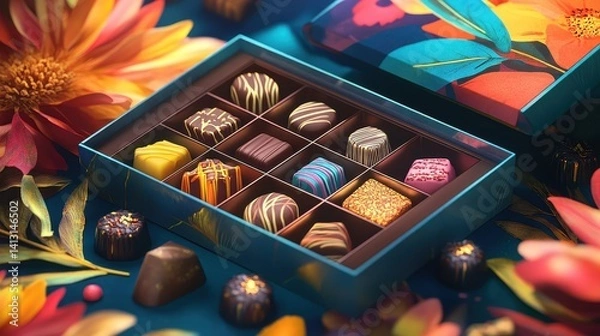 Fototapeta Elegant Box of Assorted Chocolates with Artistic Designs and Floral Accents