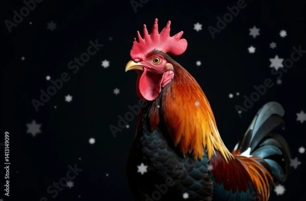 Obraz A beautiful rooster on a black background with falling snowflakes. the symbol of the year. the year of the rooster. New Year. animals