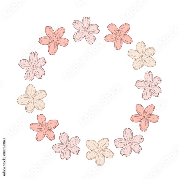 Fototapeta Vector frame with sakura flowers. Round wreath with pink flowers. Vector graphics, color illustration. Cute pink flowers, design and decoration. Festive invitations with space for text, greeting card.
