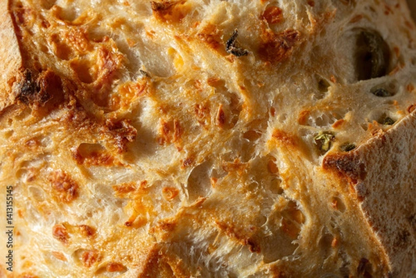 Obraz A top down view of a rustic olive sourdough boule, as a background.