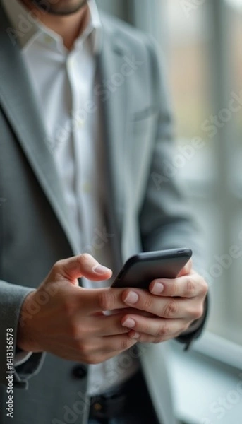 Obraz A sharply dressed man in a tailored gray suit is intently focused on his smartphone, embodying modern professionalism. The soft natural light streaming through the window highlights his engaged