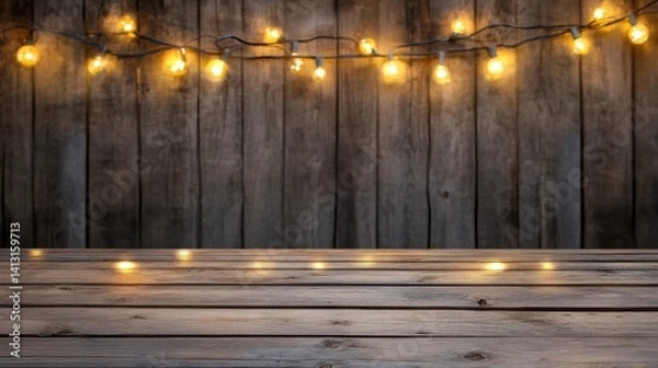 Fototapeta Warm Rustic Wood Table with Glowing String Lights in Background