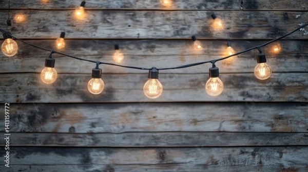Fototapeta Warm String Lights Hanging on Rustic Wooden Background