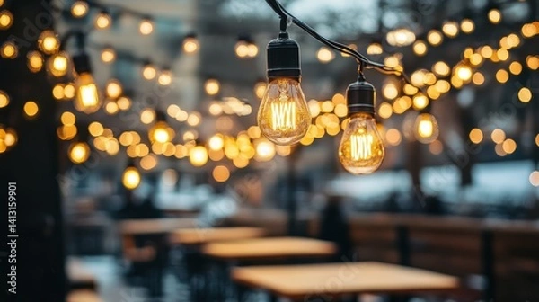 Fototapeta Warm String Lights Illuminate Cozy Outdoor Dining Space at Dusk