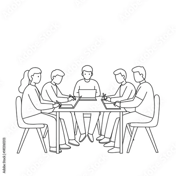 Fototapeta Student meeting group discussing ideas around table in minimalistic style  