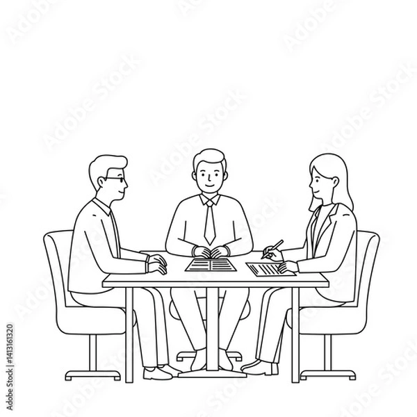 Fototapeta Meeting with Boss - three people discussing ideas at a table  