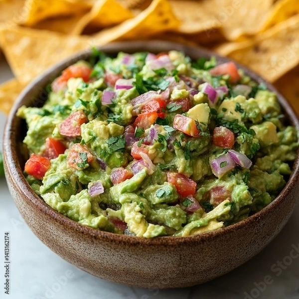 Fototapeta freshly made guacamole served in a rustic bowl with tortilla chips creamy green texture vibrant colors soft natural lighting clean white backdrop 