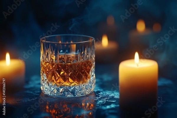 Fototapeta glowing amber whiskey in a crystal glass, set against a dark moody background, soft candlelight reflections, deep shadows enhancing warmth and luxury feel