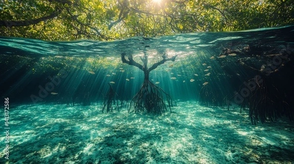 Fototapeta Lush mangrove forest with roots intertwining above crystal-clear water, exotic birds perched among the twisted branches, sunlight dappling the waterâ€™s surface, rich and biodiverse environment 