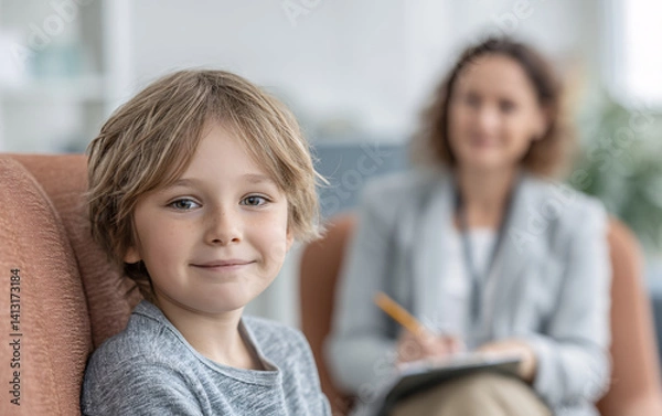 Fototapeta young boy sitting in psychological counseling session holding pencil and notebook while listening to therapist in indoor office setting focused child receiving emotional support during therapy talk