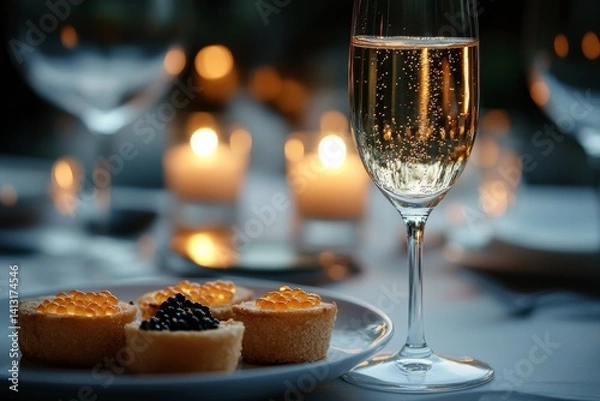Fototapeta luxury dining setup with a candlelit table caviar appetizers and a glass of fine champagne soft ambient glow creating warmth 