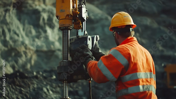 Fototapeta Mining worker using a hydraulic drill at a mining site. Featuring rock drilling and machinery operation
