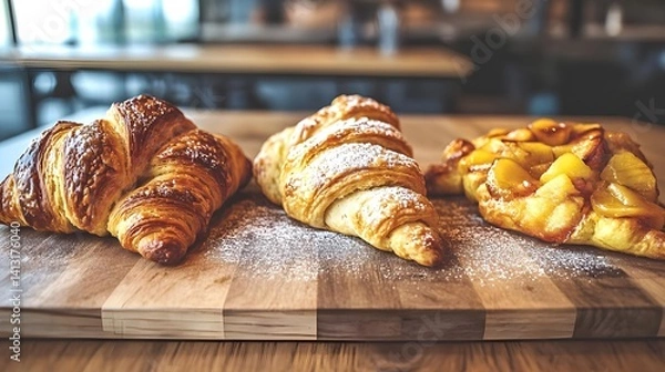 Fototapeta Savoring fresh pastries cozy  setting wooden board display inviting atmosphere delicious treats for every palate