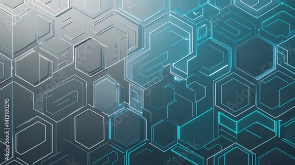 Fototapeta A mesmerizing network of glowing hexagonal structures, a futuristic cityscape of light and shadow, with teal accents illuminating a complex geometric design.