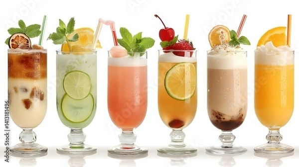 Obraz Assorted Colorful Refreshing Iced Drinks in Glasses on White Background
