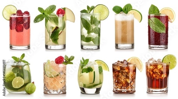 Obraz Assorted Colorful Cocktails and Refreshing Drinks with Ice and Fruit Garnishes