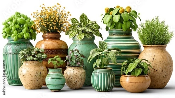 Obraz Collection of Potted Herbs and Flowers in Vintage Ceramic Vases