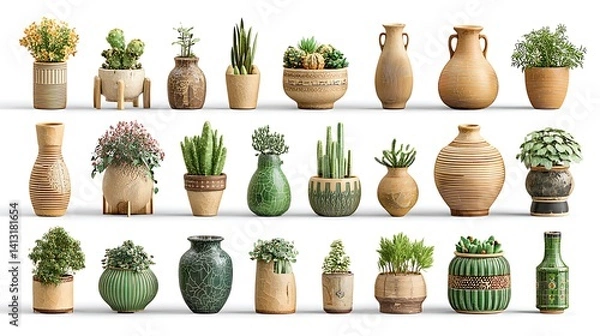 Obraz Collection of Potted Plants and Vases in Neutral Colors on White Background