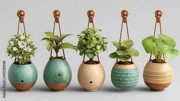 Obraz Five Hanging Egg Shaped Planters with Various Plants and Textured Finishes