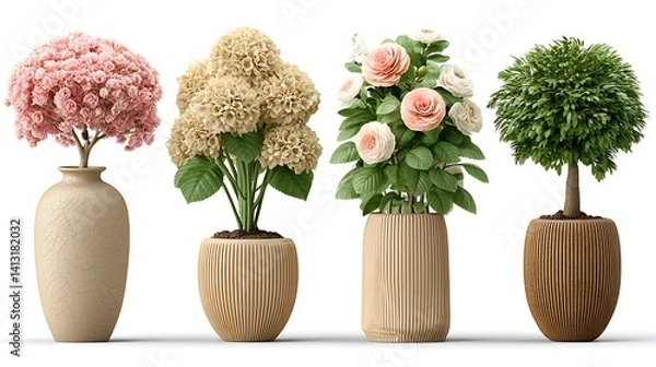 Obraz Four Potted Plants with Wooden Planters on White Background