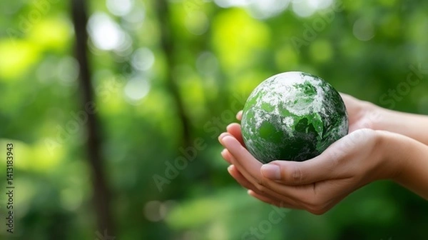 Fototapeta Hands holding a green Earth in nature, representing ESG values, tax and law impact on sustainability, and the importance of renewable resources