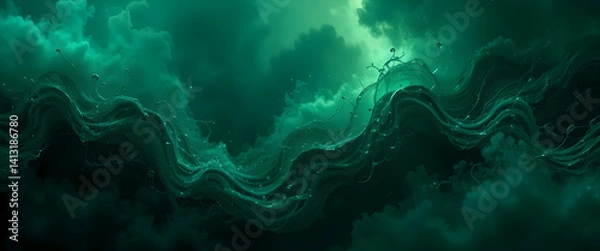 Obraz Deep green abstract background. Toned water surface. Reflection of clouds and light. Water ripple background with copy space for design. 