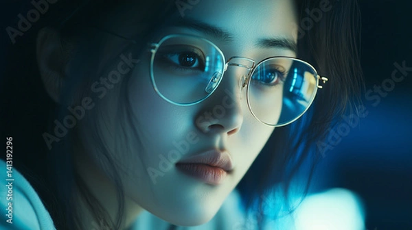 Obraz Young Asian woman studying online using a laptop, wearing glasses and sitting in a bright office environment, showcasing e-learning, self-development, and tech-enabled career growt
