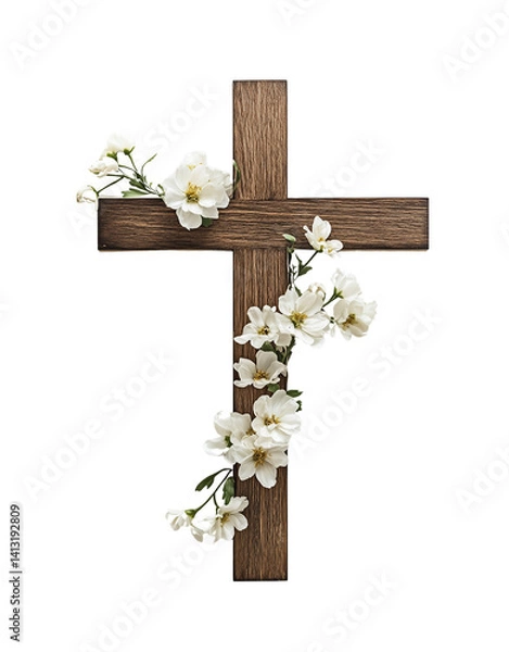Obraz Wooden cross adorned with white flowers isolated on transparent background