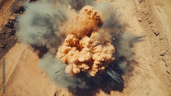 Obraz aerial explosion desert, military strike blast, desert explosion drone view, dust and debris in air, metal shards flying, desert warfare, explosion impact scene, combat zone, weapo