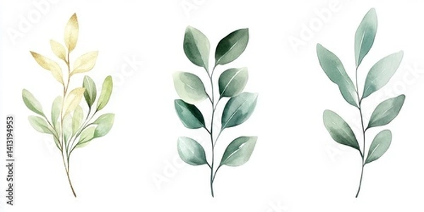Fototapeta Elegant watercolor painting of three leafy branches in soft green shades.