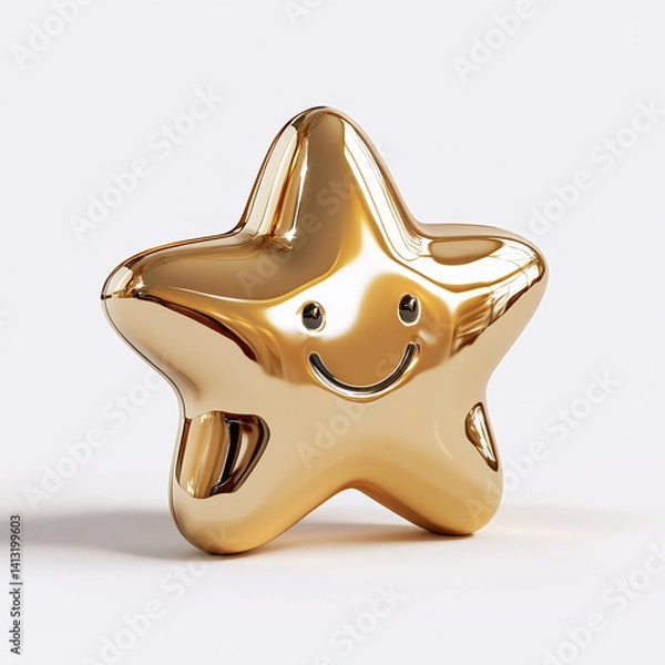 Fototapeta Golden star sculpture with a smiley face placed on a white background