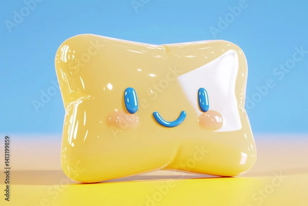 Fototapeta Cute yellow character with smiling face on colorful background in bright and cheerful setting