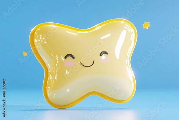 Fototapeta Cute, smiling star-shaped character with a glossy finish set against a bright blue background
