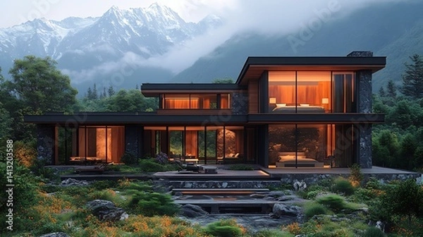 Fototapeta Luxurious Modern Home Design With Mountain View Landscape Photo