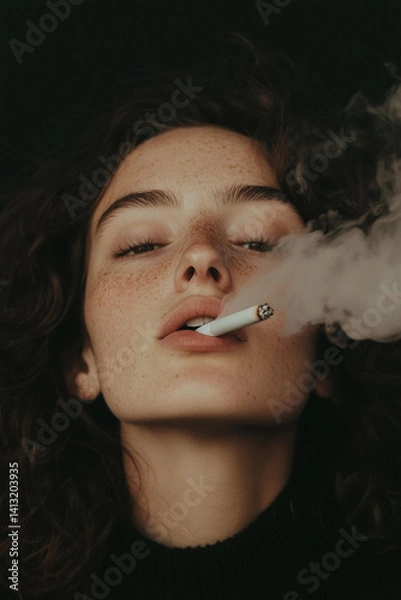 Obraz Portrait of a woman smoking a cigarette with moody aesthetic