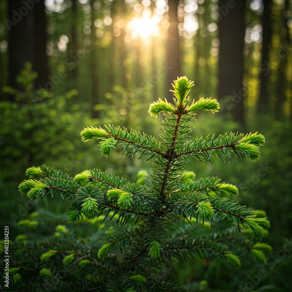 Obraz nature background. forest in the morning in spring. fir branches on a blurred background of green forest., hd